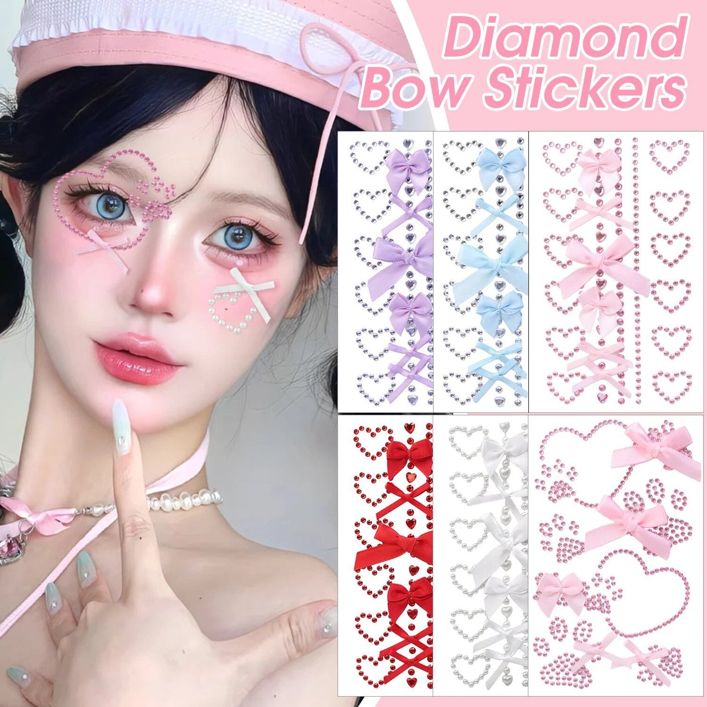 1/6 Piece Pink Ribbon Bow Sparkly Craft Face Jewelry Crystal Diamond Tattoo Stickers Cute Adhesive Heart Body Art for Parties (Parallel Import)