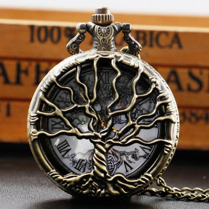 Tree of Life Hollow Carved Ink Sketch-Style Dial Vintage Quartz Pocket Watch Necklace Pendant, Unisex Gift, Color: CF1482, Parallel Import