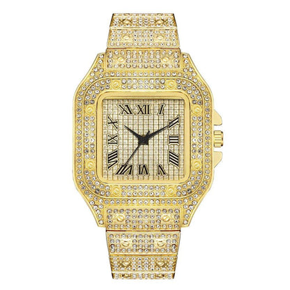 Luxury Classic Business Men's Watch with Steel Band, Square Shape, Roman Numerals, Rhinestones, Quartz Movement; Ships from: Parallel Import