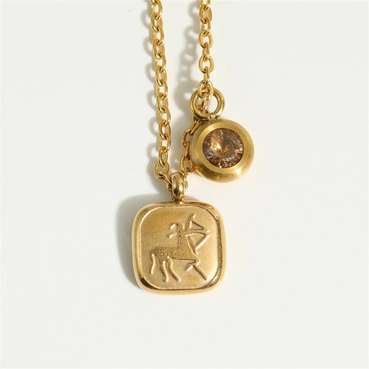 Titanium steel classic necklace with December birthstone pendant and 12 zodiac signs high collar neck chain, 18K gold infurness, 40cm length; Metal Color: ; Ships from: Parallel import