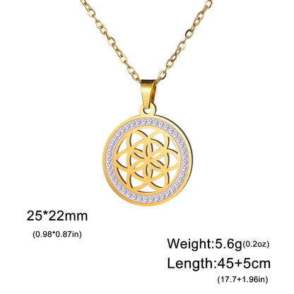 Skyrim Flower Seed of Life Necklace for Women, Stainless Steel with Clear Zircon Round Pendant, Sacred Geometry Spiritual Amulet Jewelry, Length: 45-50cm; Metal Color, Parallel Import