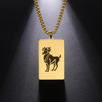 Men's 12 Zodiac Signs Pendant Necklace with Box Chain, Ancient Greek Style, Stainless Steel, Fade-Resistant, Zodiac Astrology Gift, 60cm Long; Metal Color: Parallel Import