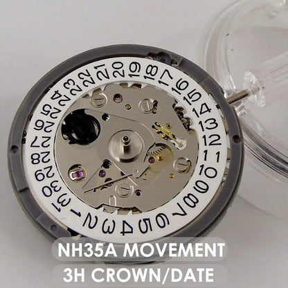 High-precision NH35A automatic movement with self-winding MOD watch accessory, 3 o'clock crown, 21,600 vph, white date wheel, and hacking second hand. Parallel import.
