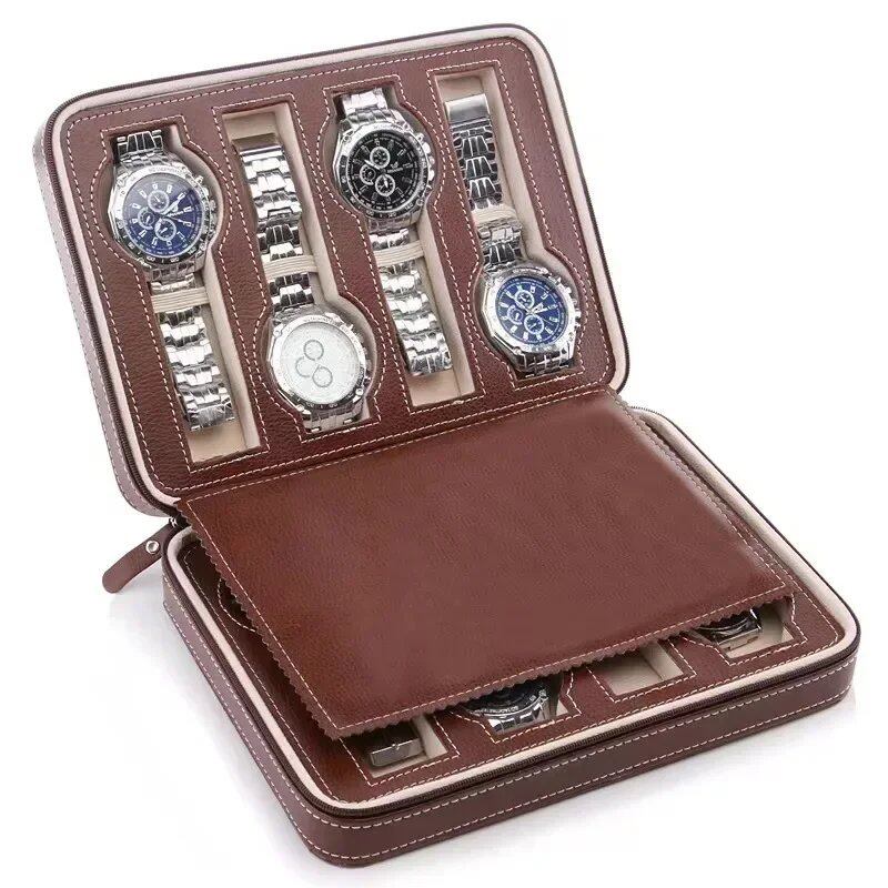 Brand new 6/8-drawer portable leather watch box with zipper, lightweight men's watch case, and jewelry storage. Color: JT-1. Imported.