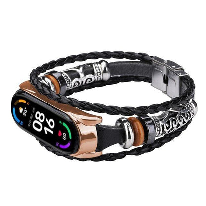 Leather Watch Band for Xiaomi Mi Band 6, 5, 4, 3, Ethnic Retro Style Smart Band, Fashion Accessory, Band Color: Parallel Import