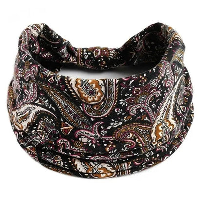 New Boho Floral Print Wide Headband with Vintage Knot Elastic Turban Headwrap for Women and Girls, Cotton Soft Bandana Hair Accessory, Parallel Import