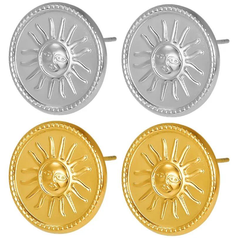1/2 Pair Ancient Egyptian Sacred Sun Totem Stainless Steel Earrings, Fade-Resistant, Unisex Accessories with Earplugs, Metal Color, Parallel Import