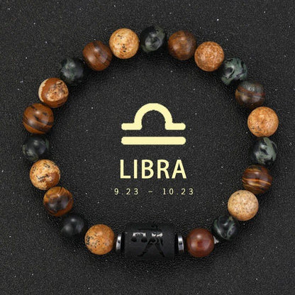 12 Zodiac Signs Bracelet with Natural Stones, Capricorn, Virgo, Leo, and Libra, for Men and Women, Couples, Friends, and Couples; Jewelry Gift; Length: 18-19cm, Parallel Import