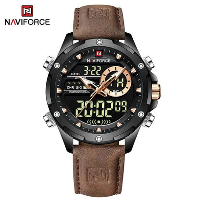 NAVIFORCE Men's Luxury Original Watch, Casual Sports Watch with Chronograph, Alarm, Quartz Movement, Leather Strap, Waterproof, Digital Watch, 9163, Color: Parallel Import