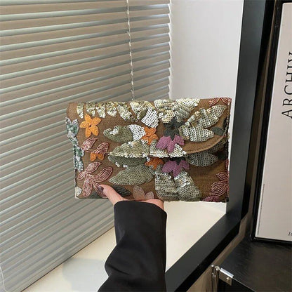 女性用 花刺繍 スパンコール イブニングクラッチバッグ エンベロープ型 ビーチバッグ ウェディング 旅行 休暇用 サイズ：（最大長20cm以上30cm未満）; 並行輸入品