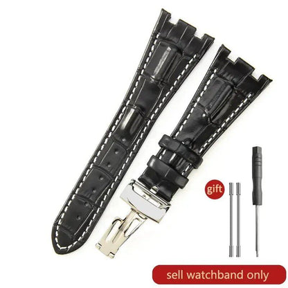 Sweat-resistant cowhide leather watch strap with folding buckle for AP Royal Oak Offshore models 15710, 15703, 15706, 26470, 26170, 26133, 26471, and 26474. Band Color: Brown; Band Width: 28mm. Imported.