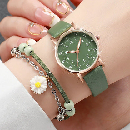 Set of 2 Women's Watches with Arabic Numerals, Leather Band, and Quartz Movement, Flower Bracelet Set, Color: HH10347, Parallel Import