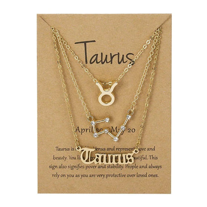 Set of 3 Women's 12 Zodiac Sign Necklaces with Pendant Chains, Chokers, Birthday Jewelry, Cardboard Cards, 45cm Long; Metal Color: 6252, Parallel Import