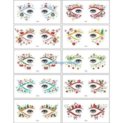 090B Christmas Face Tattoos, 10-Piece Set, Waterproof and Sweat-Resistant, Skin-Friendly, Temporary Tattoo Stickers for Festivals, Color: Series; Ships from: Parallel Import