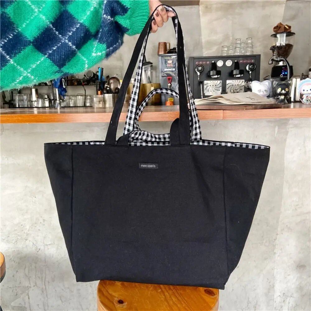 Women's Canvas Shoulder Bag, Check Pattern, Double-Sided, Large Capacity, Handbag, Shopping, Portable, All-Season, Foldable, Parallel Import