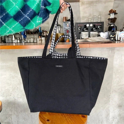 Women's Canvas Shoulder Bag, Check Pattern, Double-Sided, Large Capacity, Handbag, Shopping, Portable, All-Season, Foldable, Parallel Import