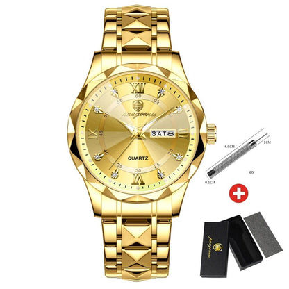 PAAZOMU Luxury Men's Watch, Business Watch, Waterproof, Luminous, Date and Day Display, Quartz Movement, High Quality + Box Included, Color: Gold, Parallel Import