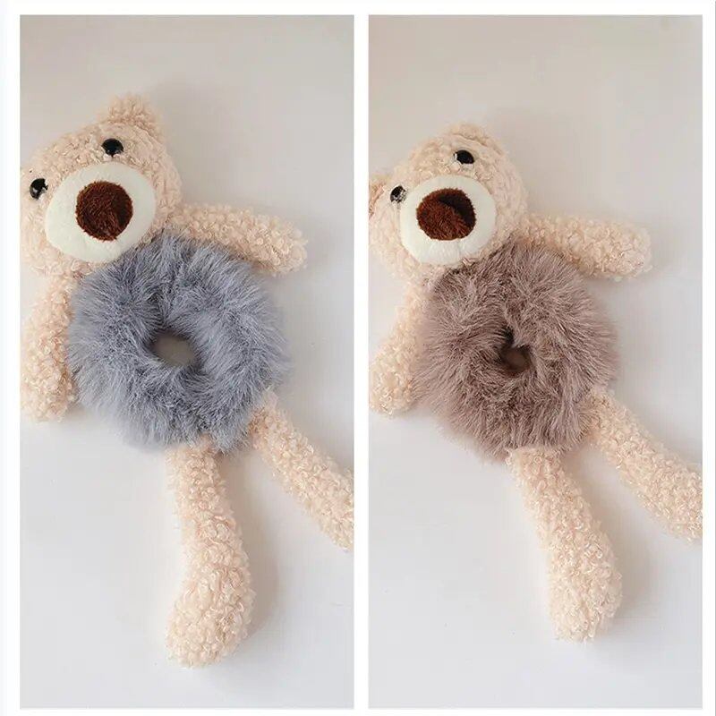1/2-Piece Cute Bear Hairband for Girls, Scrunch, Fluffy Bunny Fur Hair Tie, Soft and Warm, Stylish Hair Accessory, Parallel Import