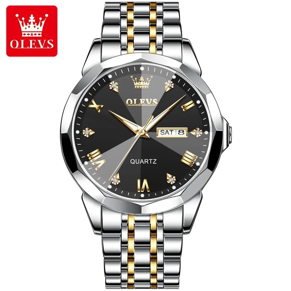 OLEVS Men's Diamond-Cut Dial Quartz Watch, Waterproof, Luminous Stainless Steel, Date and Day Display, Color: Men's; Customization Unavailable, Parallel Import