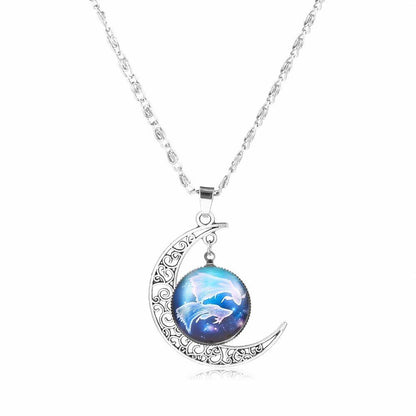12 Zodiac Signs Glass Dome Crescent Moon Necklace for Women, Stylish Party Jewelry (Compatible with Aries, Taurus, Cancer, Aquarius, and Pisces), Metal Color, Parallel Import