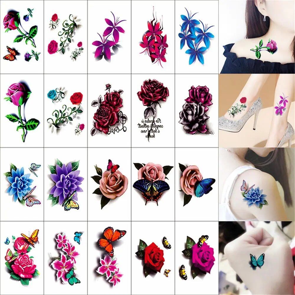 10/20/30/50 Sheets of Waterproof Temporary Tattoo Stickers, Removable Body Art, Butterfly and Flower Designs for Men and Women, Stylish, Imported