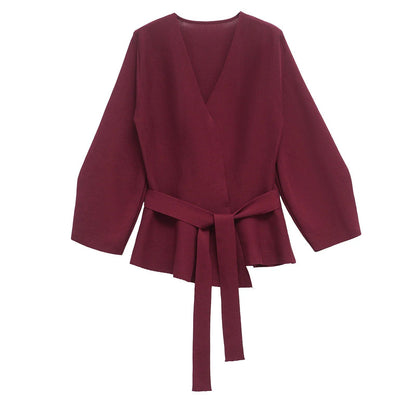 TRAFSHE Women's Spring Belted Knit Blazer with Shoulder Pads, Retro V-Neck, Long Sleeves, Multi-Coat, Size 9598/128, Parallel Import