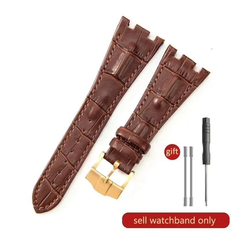 Sweat-resistant cowhide leather watch strap with folding buckle for AP Royal Oak Offshore models 15710, 15703, 15706, 26470, 26170, 26133, 26471, and 26474. Band Color: Brown; Band Width: 28mm. Imported.