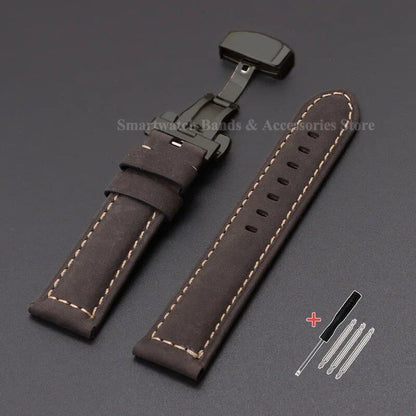 Vintage-style calf leather strap for Panerai and Seiko watches in sizes 20mm, 22mm, 24mm, and 26mm. Features a metal butterfly clasp. Band color: mm. Parallel import.