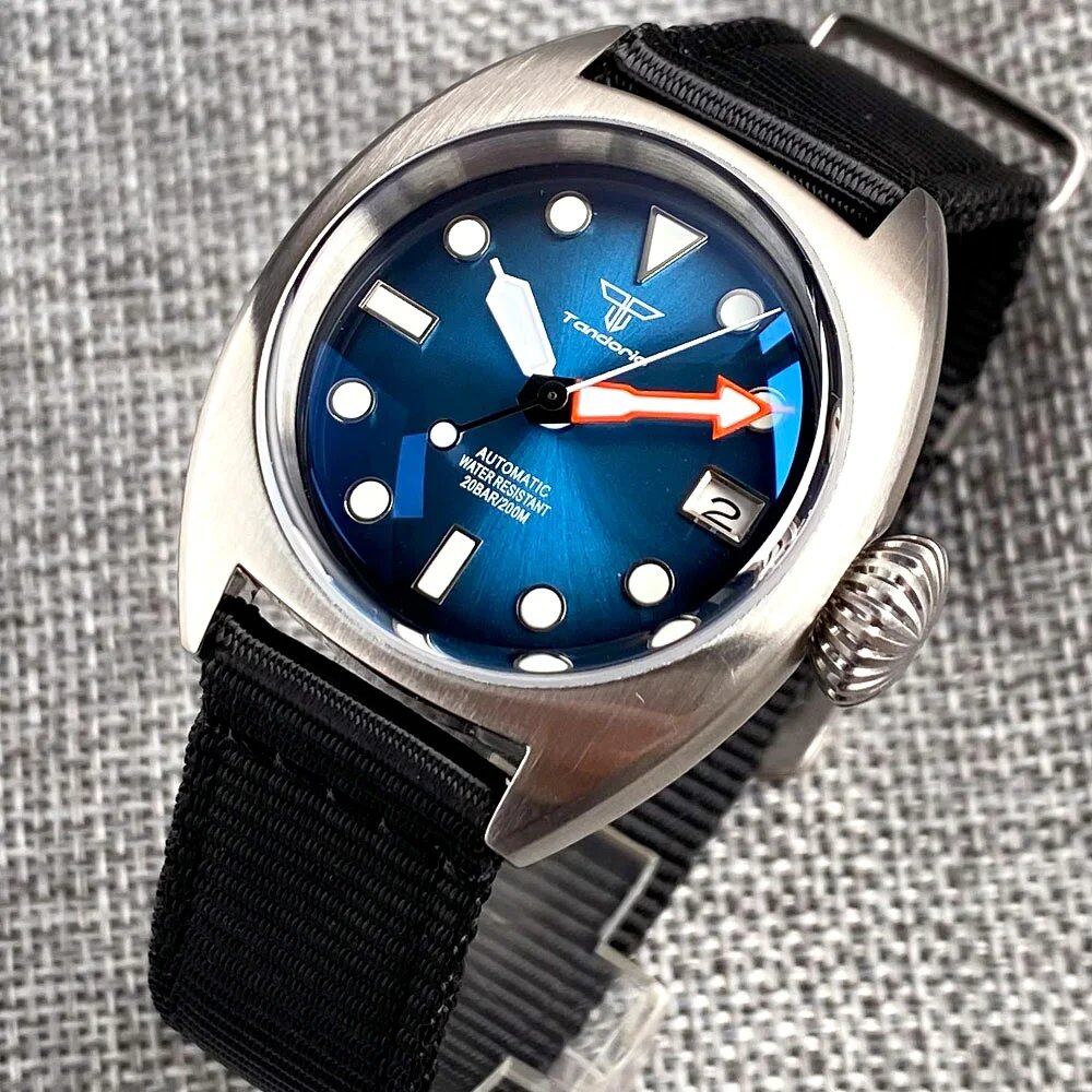 36mm Men's NH35 Military Diver Mechanical Watch with AR Dome Sapphire, Sunburst Pattern, Green/Red/Blue, Big Crown, and Nylon Finish, Parallel Import