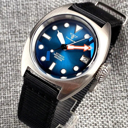 36mm Men's NH35 Military Diver Mechanical Watch with AR Dome Sapphire, Sunburst Pattern, Green/Red/Blue, Big Crown, and Nylon Finish, Parallel Import