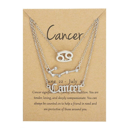 Set of 3 Women's 12 Zodiac Sign Necklaces with Pendant Chains, Chokers, Birthday Jewelry, Cardboard Cards, 45cm Long; Metal Color: 6252, Parallel Import