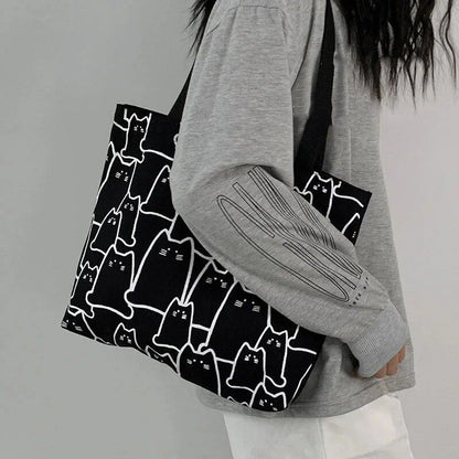 可愛い猫柄ショッパーハンドバッグ ショルダーバッグ ファッションキャンバス カジュアル 買い物バッグ 女性用 グラフィックトートバッグ 日本風アニメ 小さめショルダーバッグ  並行輸入品