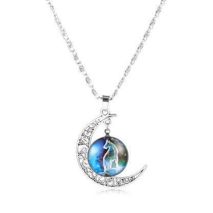 12 Zodiac Signs Glass Dome Crescent Moon Necklace for Women, Stylish Party Jewelry (Compatible with Aries, Taurus, Cancer, Aquarius, and Pisces), Metal Color, Parallel Import