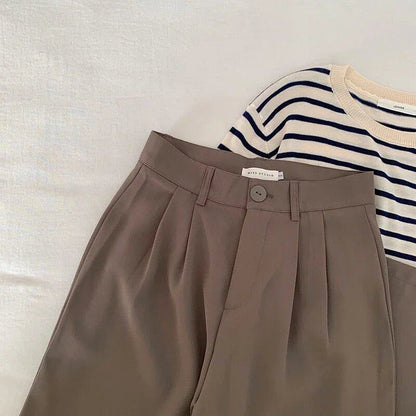 High-waisted women's suit pants, straight fit, loose fit, Korean fashion, casual, button-down, black, new, 2024 size, parallel import.