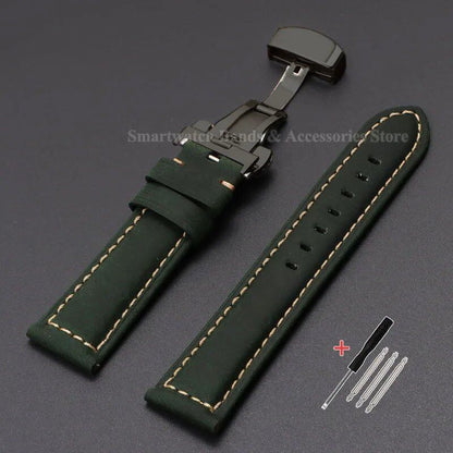 Vintage-style calf leather strap for Panerai and Seiko watches in sizes 20mm, 22mm, 24mm, and 26mm. Features a metal butterfly clasp. Band color: mm. Parallel import.