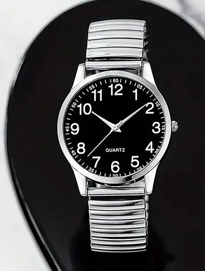 Set of 2 Black Alloy Arabic Numerals Quartz Watches for Men and Women, Elastic Elasto Band, Couple's Gift Set, Color: Parallel Import