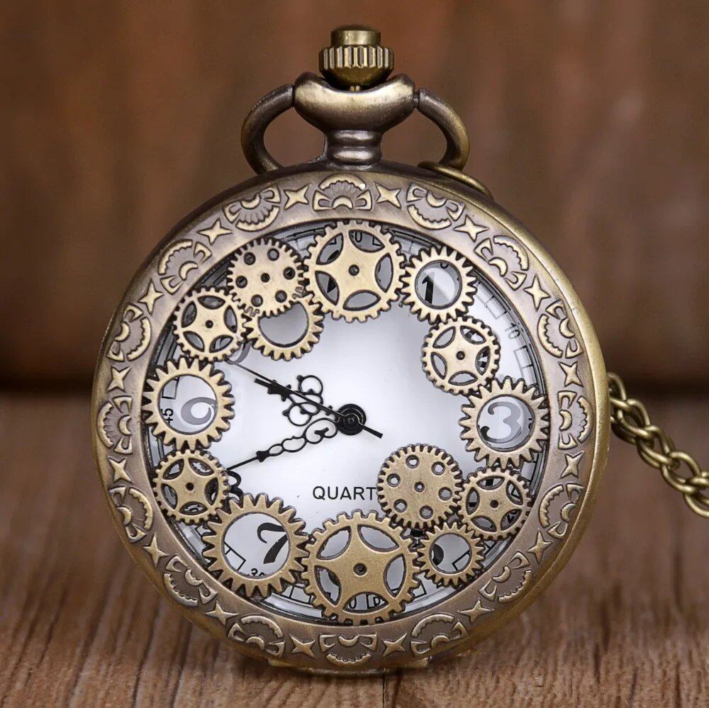 Vintage Pocket Watch Pendant Necklace - Hollow Gear Wheel Design Bronze Quartz Watch, Casual Clock, Stylish Keepsake Gift, Parallel Import