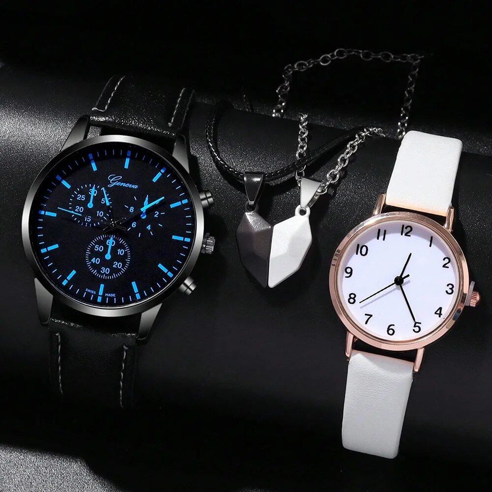 Top-class luxury fashion couple's watch set, 4-piece set - leather strap, quartz movement, white, for men and women, parallel import