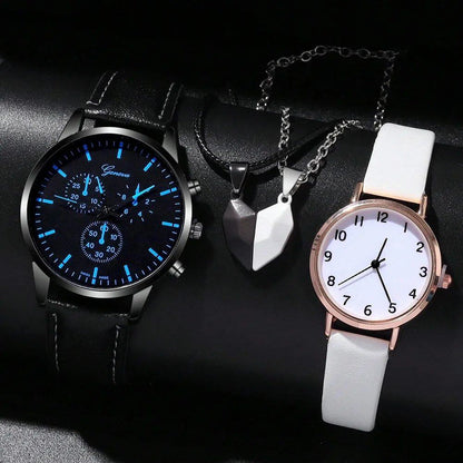 Top-class luxury fashion couple's watch set, 4-piece set - leather strap, quartz movement, white, for men and women, parallel import