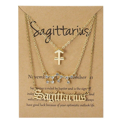 Set of 3 Women's 12 Zodiac Sign Necklaces with Pendant Chains, Chokers, Birthday Jewelry, Cardboard Cards, 45cm Long; Metal Color: 6252, Parallel Import