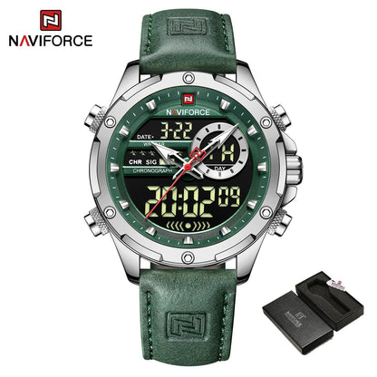 NAVIFORCE Men's Luxury Original Watch, Casual Sports Watch with Chronograph, Alarm, Quartz Movement, Leather Strap, Waterproof, Digital Watch, 9163, Color: Parallel Import