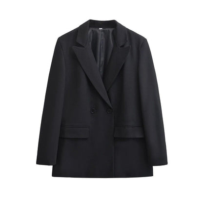 TRZA Women's Double-Breasted Blazer Coat with Long Sleeves and Flap Pockets for Office Wear. Chic and Stylish Outerwear. Size: 100% Cotton. Color: As shown. Parallel Import.