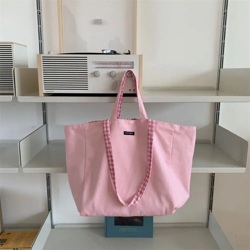 Women's Canvas Shoulder Bag, Check Pattern, Double-Sided, Large Capacity, Handbag, Shopping, Portable, All-Season, Foldable, Parallel Import