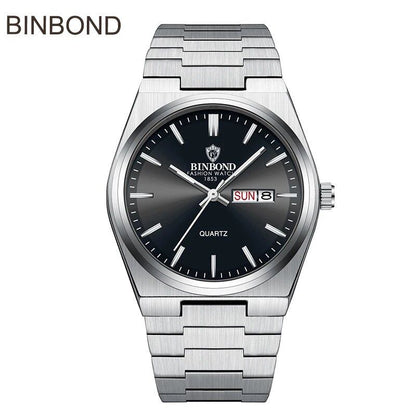 BINBOND Top Brand Luxury Men's Quartz Watch, Original Waterproof, Luminous Display, Date, Day of the Week, Stainless Steel, Color: B102; Customization Unavailable, Parallel Import
