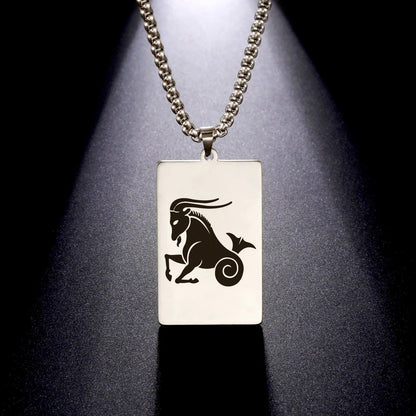 Men's 12 Zodiac Signs Pendant Necklace with Box Chain, Ancient Greek Style, Stainless Steel, Fade-Resistant, Zodiac Astrology Gift, 60cm Long; Metal Color: Parallel Import