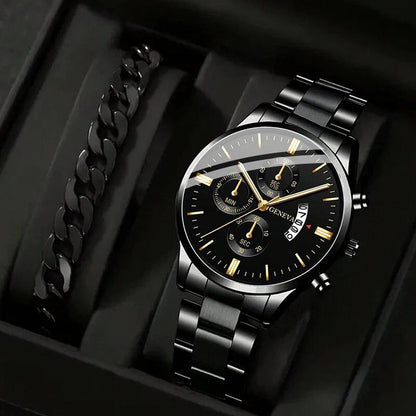 Set of 2 Men's Casual, Business, and Sports Stainless Steel Quartz Wristwatches with Calendar and Classic Bracelet Set, Luminous Watches, Imported