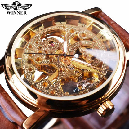 Winner Transparent Design Fashion Case Luxury Casual Leather Strap Men's Watch Top Brand Luxury Mechanical Skeleton Wristwatch Parallel Import