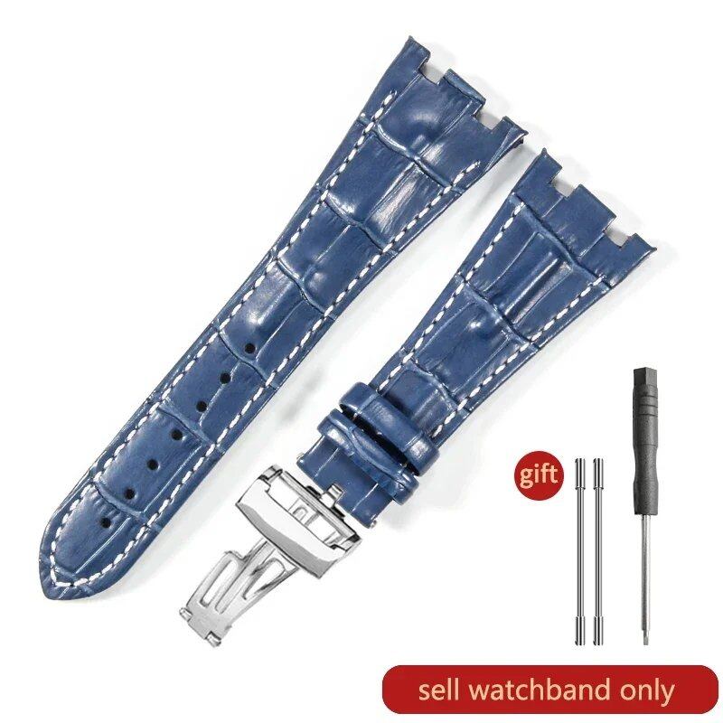 Sweat-resistant cowhide leather watch strap with folding buckle for AP Royal Oak Offshore models 15710, 15703, 15706, 26470, 26170, 26133, 26471, and 26474. Band Color: Brown; Band Width: 28mm. Imported.
