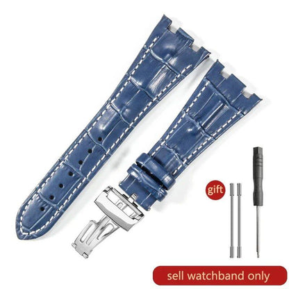 Sweat-resistant cowhide leather watch strap with folding buckle for AP Royal Oak Offshore models 15710, 15703, 15706, 26470, 26170, 26133, 26471, and 26474. Band Color: Brown; Band Width: 28mm. Imported.