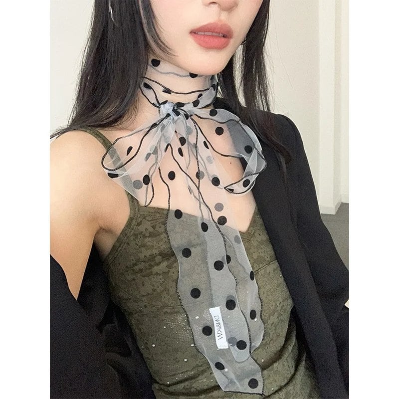 夏 新作 レースメッシュ ドット柄 スカーフ 女性用 軽量 かわいい リボン付き マルチネックアクセサリー  並行輸入品